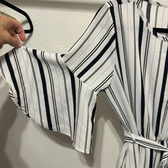 FLAMINGO Blue & White Striped Midi 3/4 Bell Slv, Slip on Dress & slip Sz.M - Picture 9 of 13